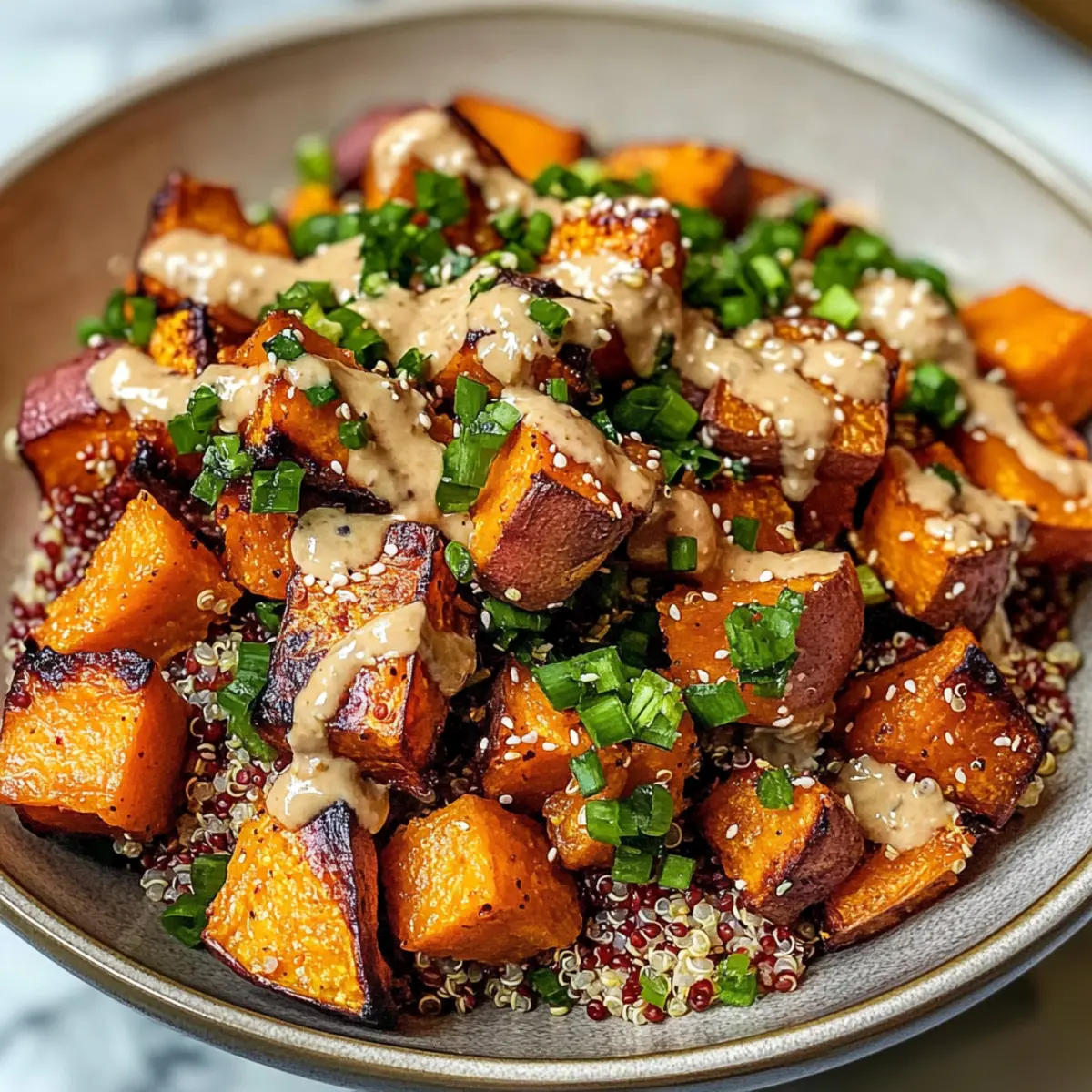 Gerösteter Süßkartoffel-Quinoa-Salat mit Miso-Dressing